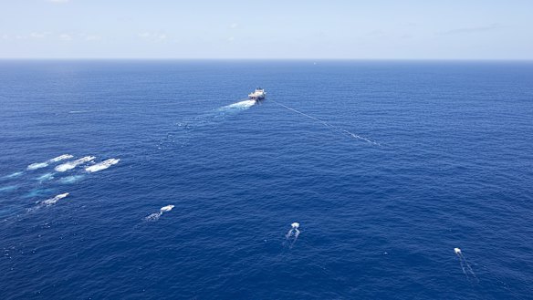 The Geo Coral seismic survey vessel tows sound sensors to pick up below seabed echoes from air guns it  lets off every five seconds.