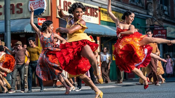 Ilda Mason as Luz, Ariana DeBose as Anita and Ana Isabelle as Rosalia in West Side Story.