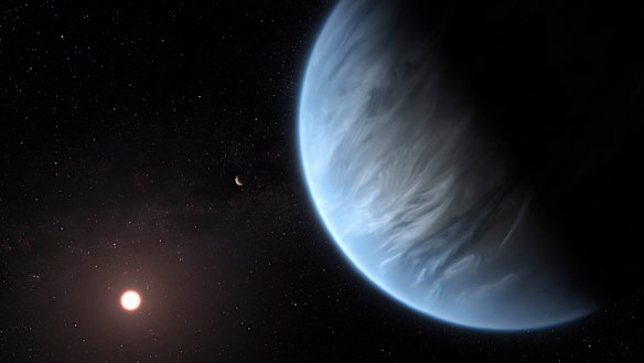 An artist's rendering shows Exoplanet K2-18b, foreground, its host star and an accompanying planet in this system.
