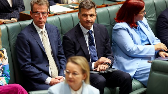 Angus Taylor on the back bench on Wednesday, as a leadership spill loomed.