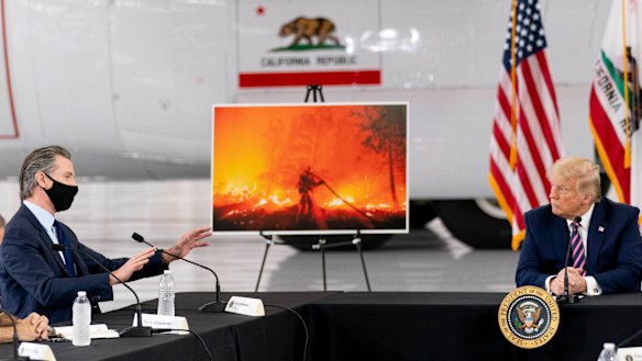 A debate about science: President Donald Trump participates in a briefing on wildfires with California Governor Gavin Newsom.