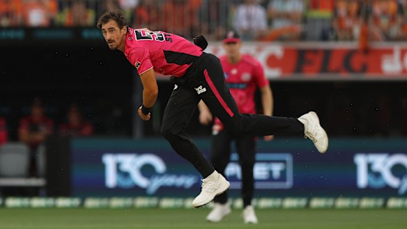 Test star Mitchell Starc in action for the Sydney Sixers in January.