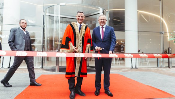 Liverpool Mayor Ned Mannoun, left,  with Prime Minister Anthony Albanese earlier this month.