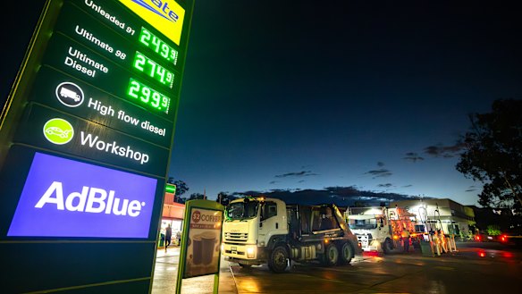 Trucks fill up at Girraween in western Sydney on Friday, when diesel was selling for almost $3 a litre. 