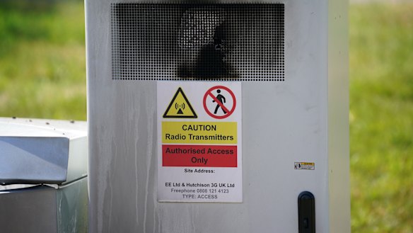 Fire and explosion damage can be seen on an EE network 5G mast that was attacked by an arsonist earlier this week in Brodie Avenue in Liverpool, England. 