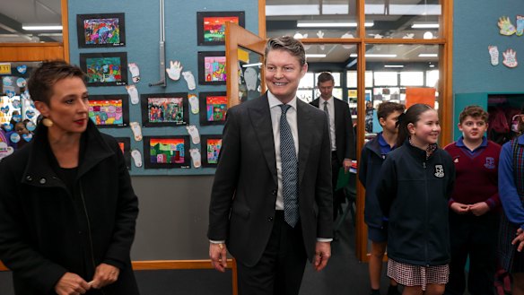 Premier Ben Carroll and Victorian Education Minister Gabrielle Williams tour St Christopher’s Primary School in Airport West last month.