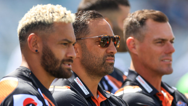 Tigers captain Api Koroisau, coach Benji Marshall and his assistant John Morris.