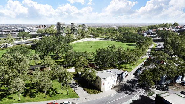 An artist's impression of the nearly 10 hectares of parkland to be created above the site of the underground interchange for WestConnex at Rozelle.
