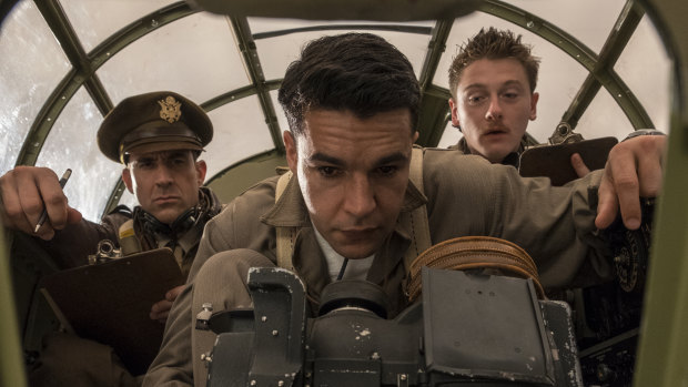 Christopher Abbott (centre) as Yossarian, for whom the phrase "war effort" means doing everything possible to avoid being killed.