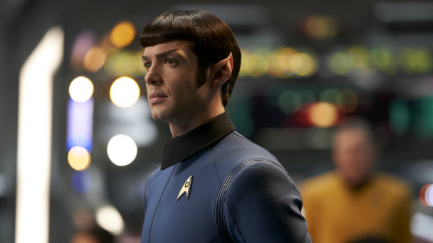 Back in blue: Mr Spock (Ethan Peck) on the bridge of the USS Enterprise.