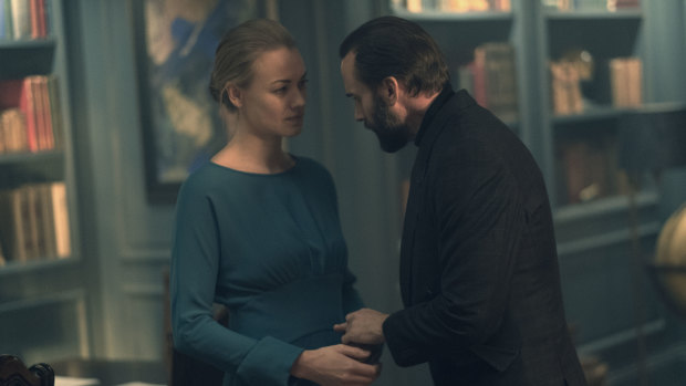 Yvonne Strahovski and Joseph Fiennes in a scene from The Handmaid's Tale.