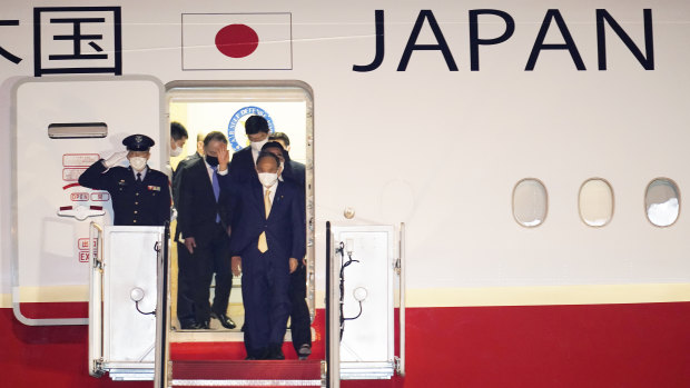 Japanese Prime Minister Yoshihide arriving the US for meetings with President Joe Biden.