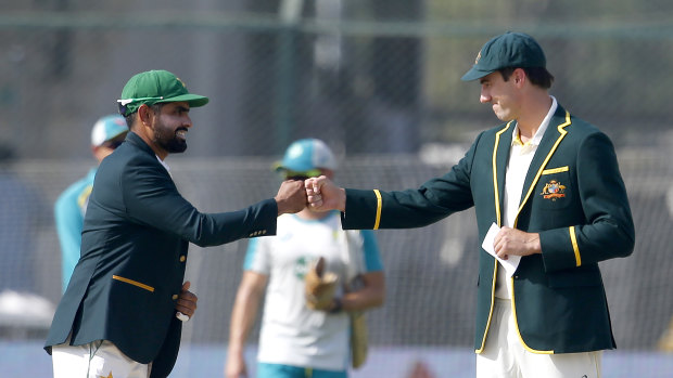 Babar Azam and Pat Cummins after Australia won the toss and elected to bat in Karachi. 