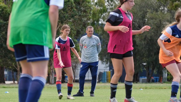 Melbourne Victory W-League coach Jeff Hopkins oversees trials for the club's new women's development squads. 