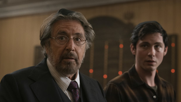 Al Pacino as Meyer Offerman and Logan Lerman as Jonah Heidelbaum in Hunters.