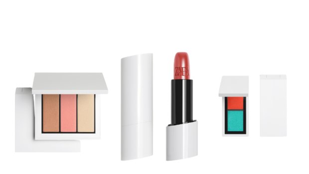 Zara tapped famed art director Fabien Barron who once revamped an ailing Burberry to package its new beauty line that includes, from left, a cheek palette, tinted lip balm, and eyeshadow duo.