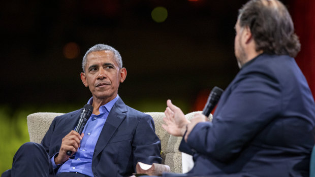 Former US president Barack Obama with Salesforce founder Marc Benioff at Salesforce's Dreamforce conference in San Francisco. 