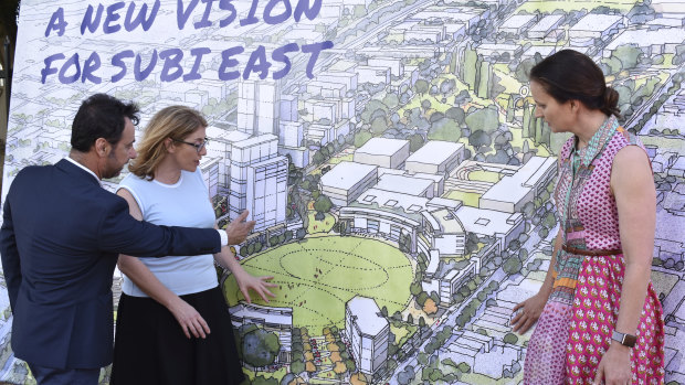 Minister for Planning Rita Saffioti unveils the new concept images for the Subiaco redevelopment with Landcorp chief executive Frank Marra and Subiaco Mayor Penny Taylor.