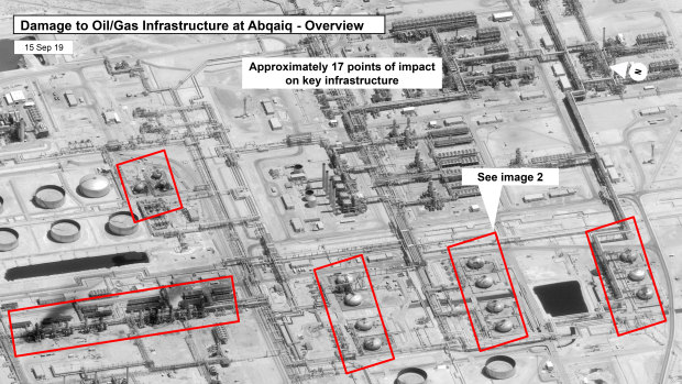This US government and DigitalGlobe  satellite photo taken on Sunday purports to show damage to the infrastructure at Saudi Aramco's Abaqaiq oil processing facility in Buqyaq, Saudi Arabia.