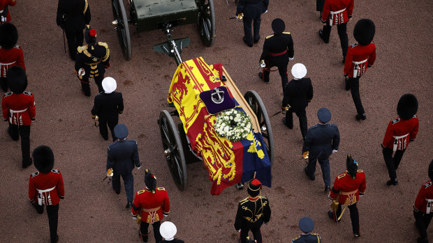 Queen Elizabeth II’s flag-draped coffin on The Mall.