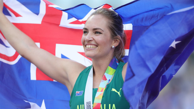 Kelsey-Lee Barber celebrates winning javelin gold at the 2022 World Athletics Championships.