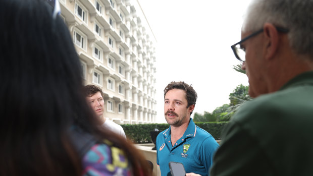 Travis Head talks to media in Delhi.