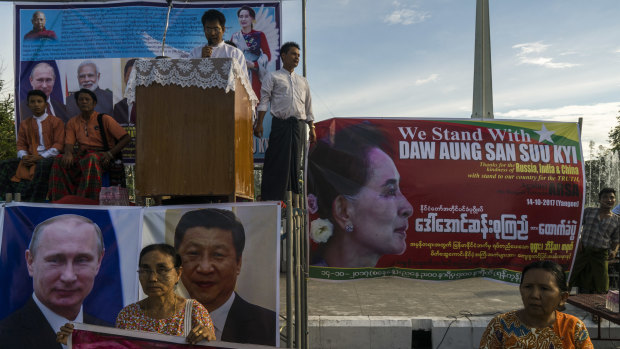 A demonstration organized by a Buddhist monk in support of Myanmar's civilian leader Aung San Suu Kyi’s handling of the Rohingya crisis in Yangon, 2017.