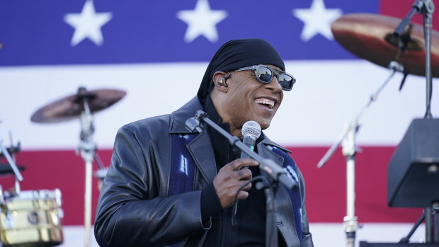 Stevie Wonder performs before Democratic presidential candidate former vice-president Joe Biden and former president Barack Obama speak at a rally in Detroit.