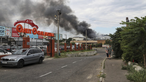 Smoke rises in the air after shelling in Odesa in Ukraine on July 16.