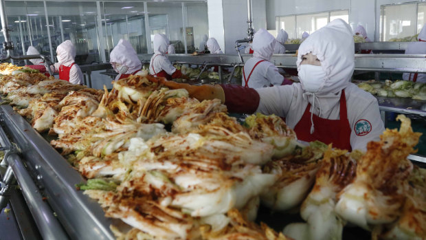 Workers of the Ryugyong Kimchi factory make fresh kimchi, in Pyongyang, North Korea. 