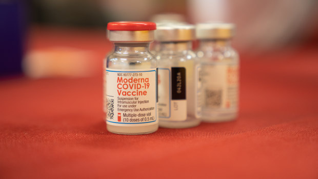 Vials of the Moderna COVID-19 vaccine at a mass vaccination super site in Chula Vista, California. 