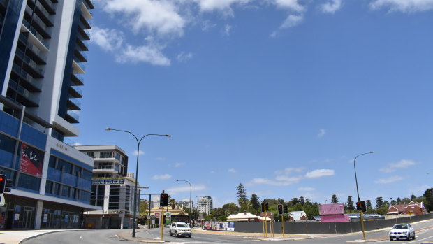 The Aurelia project, left, at the Labouchere Road freeway entry point, will one day be matched on the right by the Civic Heart development, another tower project undergoing a redesign after encountering problems.  