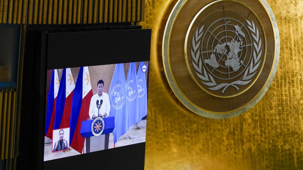 Philippines President Rodrigo Duterte addresses the 76th Session of the United Nations General Assembly remotely on Tuesday.