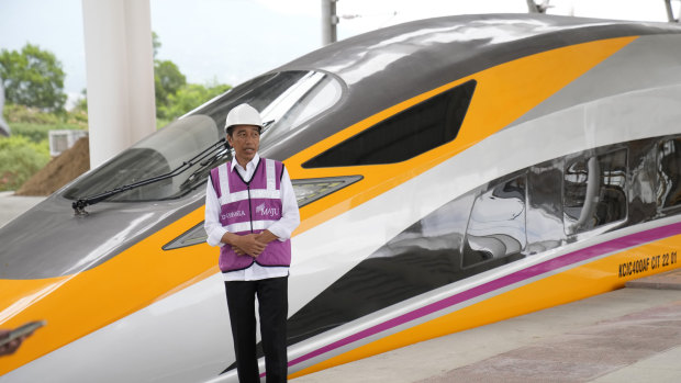 Indonesian President Joko Widodo visits one of the fast-train stations in West Java last October. 
