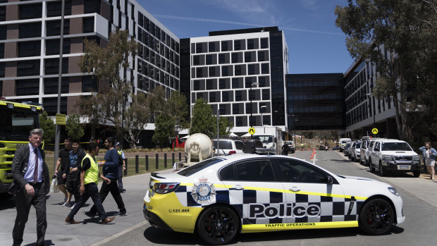 Police cars and ambulances outside Cooper Lodge at the University of Canberra on Wednesday,