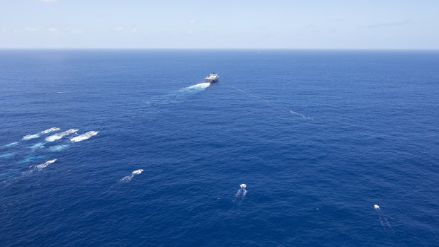 The Geo Coral seismic survey vessel tows sound sensors to pick up below seabed echoes from air guns it  lets off every five seconds.