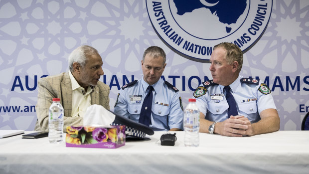 NSW Police Commissioner Mick Fuller, Assistant Commissioner Michael Willing with Grand Mufti of Australia Dr Ibrahim Abu Mohammed  following the terrorist attack in Christchurch at the Australian National Imams Council in Chullora in Sydney on Saturday.