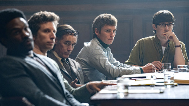 Cast members in a scene from The Trial of the Chicago 7, from left: Yahya Abdul Mateen II, Ben Shenkman, Mark Rylance, Eddie Redmayne, Alex Sharp. 