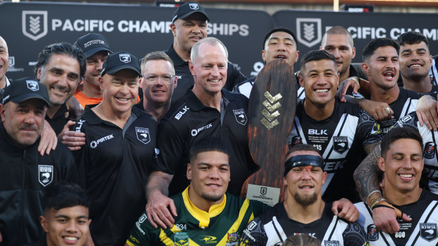 Michael Maguire celebrates New Zealand’s Pacific Championships final victory over the Kangaroos last November.