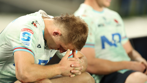 Joey Walton looks dejected after NSW were bundled out of the Super Rugby Pacific finals.