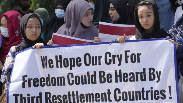 Refugees demonstrate outside the Australian embassy in Jakarta last June.