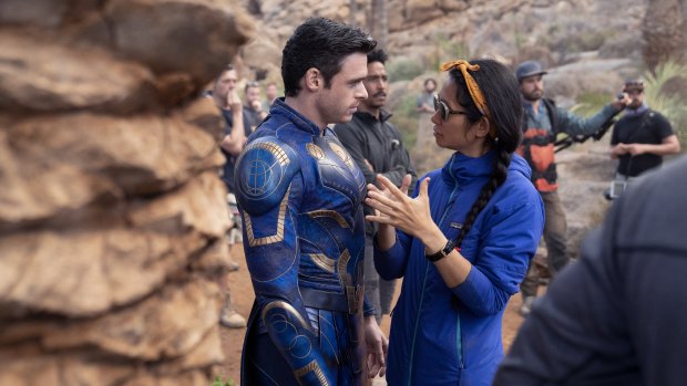 Richard Madden and director Chloé Zhao on the set of Eternals.