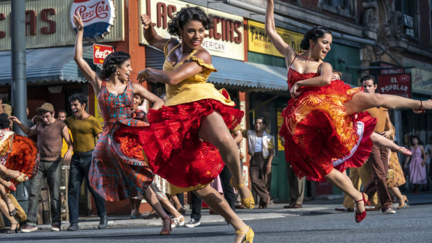 Ilda Mason as Luz, Ariana DeBose as Anita and Ana Isabelle as Rosalia in West Side Story.