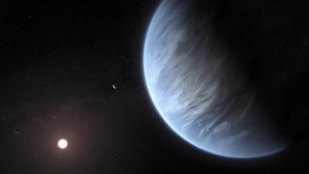An artist's rendering shows Exoplanet K2-18b, foreground, its host star and an accompanying planet in this system.