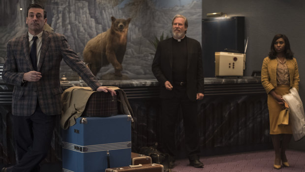 John Hamm as Laramie Seymour Sullivan, Jeff Bridges as Father Daniel Flynn and Cynthia Erivo as Darlene Sweet in Bad Times at the El Royale.