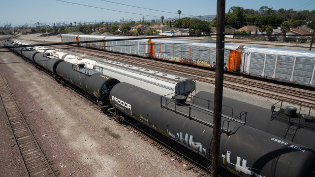 Tank cars filled with oil in storage in California. 