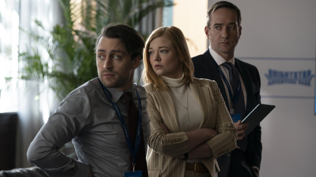 Kieran Culkin, Sarah Snook and Matthew Macfadyen in a scene from Succession’s third season.