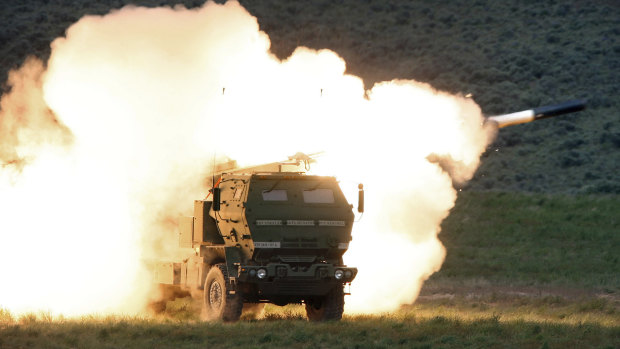 High Mobility Artillery Rocket Systems are mounted on a truck and can carry a container with six rockets.