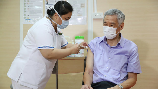 Singaporean Prime Minister Lee Hsien Loong receiving his coronavirus vaccine in January. 