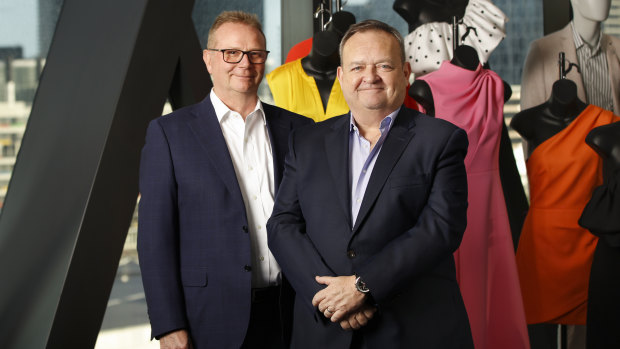 Myer chief executive John King (R) and chief financial officer Nigel Chadwick. The duo reported the company’s full-year results on Thursday.